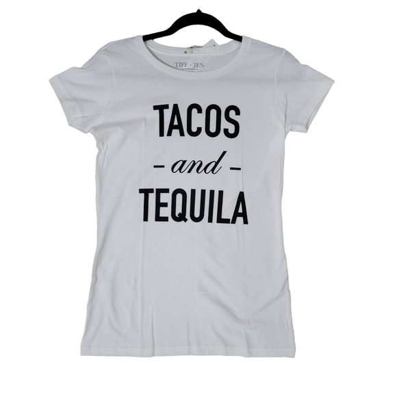 TIFF & JEN Tacos and Tequila White Short Sleeve Graphic Tee Small T-Shirt 1071 - Picture 1 of 4